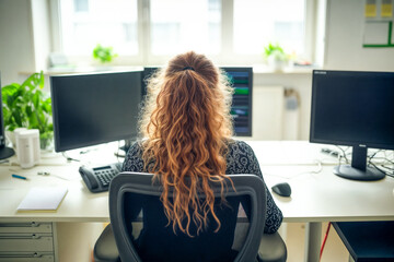 Business woman with long share sitting in front of a computer with multiple monitors