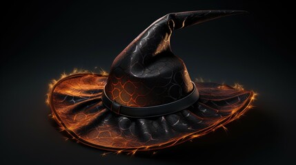 3D rendering of a witch hat with a glowing orange brim. The hat is made of black leather with a snakeskin texture and has a wide brim.