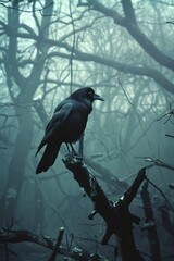 Poster - A black crow is perched on a tree branch in a dark forest