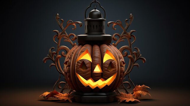 3D rendering of a Halloween pumpkin lantern with a carved face. The lantern is sitting on a black pedestal. The background is dark.