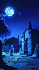 Wall Mural - A graveyard at night with a large blue moon in the sky