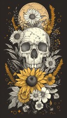 Sticker - A skull is surrounded by flowers and leaves, with a yellow sun in the background
