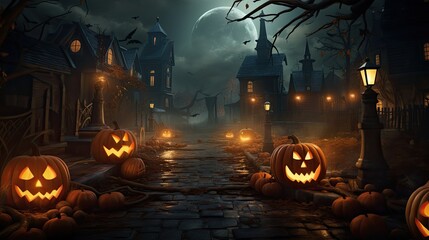 Wall Mural - A dark and spooky Halloween night. The moon is full and the sky is cloudy. The trees are bare and the leaves are scattered on the ground.