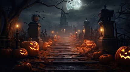 Wall Mural - A long and winding path leads to a spooky old mansion. The path is lined with jack-o'-lanterns, and the trees are bare and twisted.