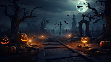 Wall Mural - This is a spooky graveyard scene with a full moon, bats, and jack-o'-lanterns. The perfect setting for a Halloween party or haunted house.