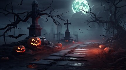 Wall Mural - This is a dark and spooky Halloween night. The full moon is shining through the clouds, and the trees are bare and twisted.