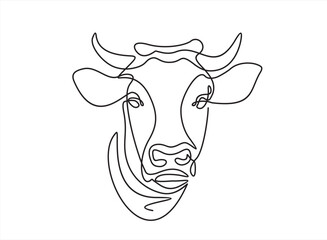Wall Mural - Cow head in continuous line art drawing style. Horned cow portrait minimalist black linear sketch isolated on white background. Vector illustration
