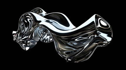 Fototapete - Abstract melted liquid chrome, Wavy molten gloss aluminium isolated on black background