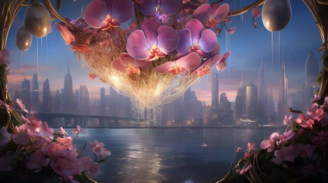 Cherry blossom in a glass vase on the background of the city