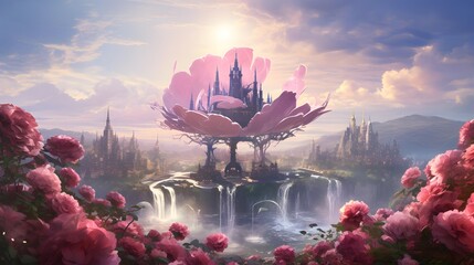 Wall Mural - Fantasy Landscape with a lotus flower and a city in the background