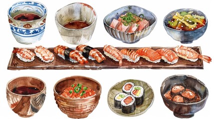 Sticker - A plate of sushi and other Asian food is shown in a variety of bowls and plates