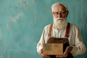 an old man holds a wooden block in his hand. Master. Specialist. Woodworking. carpenter art