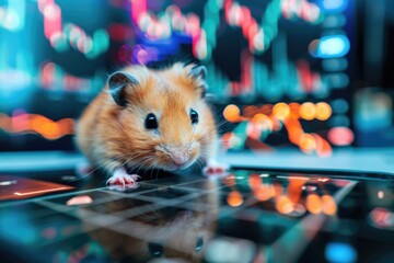 Wall Mural - A hamster sits on a tablet, looking intently at a stock market chart reflected in the screen, seemingly navigating the world of finance