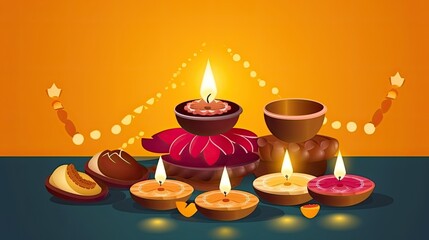 A beautiful vector illustration of a Diwali festival. The image shows a group of diyas, or oil lamps, arranged in a rangoli pattern.