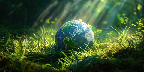 A small blue globe is sitting on a patch of green grass. Generate AI image