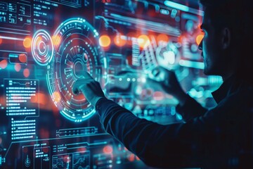 Leinwandbilder - A person is engaging with a dynamic, futuristic holographic interface filled with data and symbols