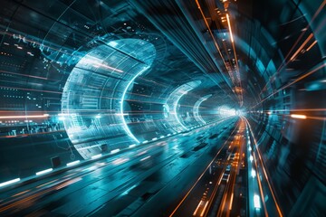 Aufkleber - Vibrant light trails race through a curved futuristic corridor, creating a sense of high-speed motion