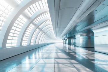 Poster - A long, empty, and modern corridor with sleek curved walls and a bright, airy atmosphere