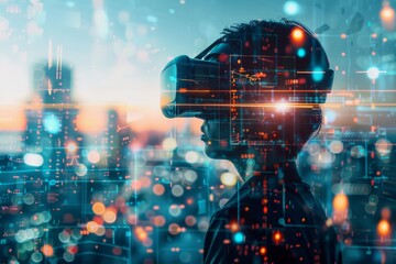 Poster - An individual wearing a virtual reality headset, immersed in a digital world with futuristic interface elements