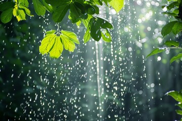 Poster - A fresh, vibrant image showcasing sunlight filtering through green leaves during a gentle rain shower