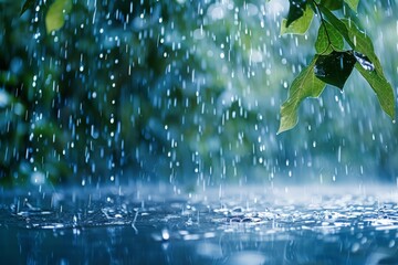 Aufkleber - This image captures the serene moment of rain creating ripples as it hits the water surface, with green leaves in the background
