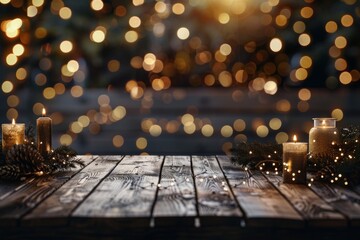 Wall Mural - Table with Christmas balls and candles on bokeh background. Designed by AI