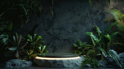 Poster - This is an AI-generated render of a podium or pedestal on a green background with palm leaves.