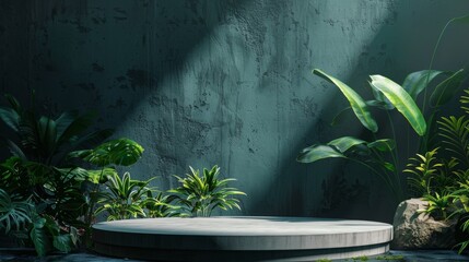 Poster - Three-dimensional render of podium or pedestal on green background with palm leaves. Artificial intelligence generated.