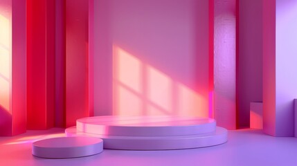 Poster - Abstract minimal scene with round podium and red wall rendered in 3D.