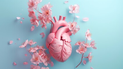 Wall Mural - Pink flowers on a blue background with a human heart. AI stock rendering.