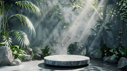 Poster - Developed using stock AI, an image of a podium with sunbeams to display a product.