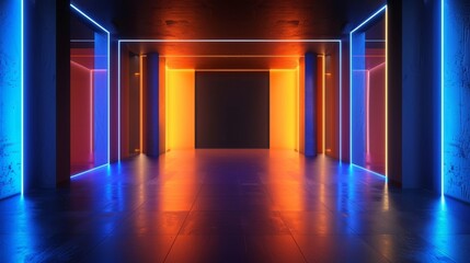 Poster - an empty room rendered in 3d with neon lights and shadows on the wall. an example of stock ai.