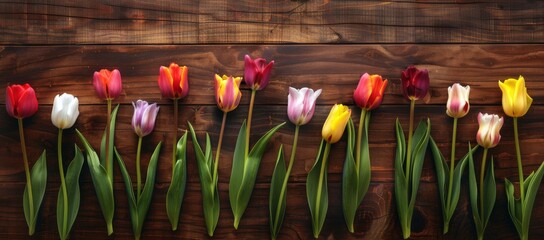 Wall Mural - Generated artificial intelligence bouquet of multi-colored tulips on a dark blue wooden background.