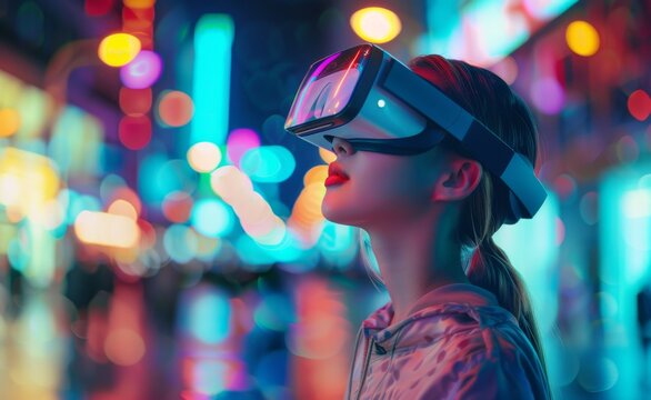 Young woman wearing virtual reality goggles at night in the city. Future technology concept. Stock artificial intelligence.