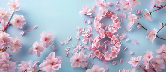 Wall Mural - Decorative pink number with pink flowers. Stock design template. Happy Women's Day.