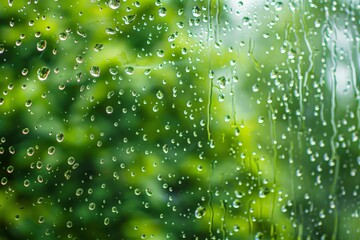 Aufkleber - A close-up shot of raindrops on a glass pane with a blurred greenery background, evoking a fresh, rainy day