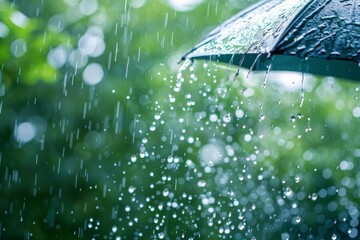 Aufkleber - A detailed photograph capturing the fresh raindrops falling on the surface of a dark green umbrella with evident splashes