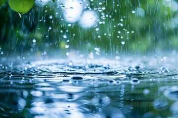 Fototapete - Crisp image of rain creating dynamic ripples in a puddle, reflecting the peaceful ambiance of a rainy day