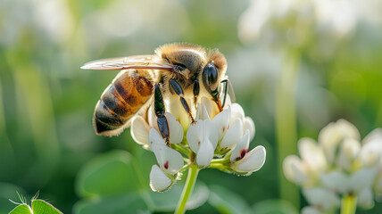 Wall Mural - Bee pollinating a white flower in a natural outdoor setting.