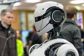 Aufkleber - A futuristic humanoid robot displayed at a technology exhibition with an attendee observing