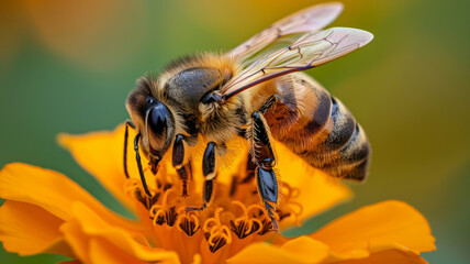 Wall Mural - A honeybee on a yellow flower in close-up view.