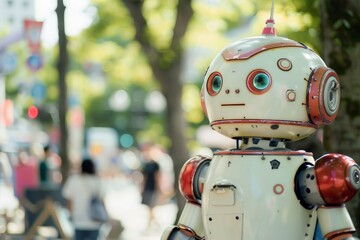 Poster - A nostalgic image capturing a close-up of a vintage style toy robot head with vibrant colors and detailed textures