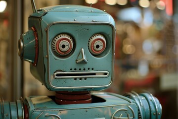 Poster - This image showcases a classic blue robot toy with exaggerated comic like facial features amidst antique shop backdrop