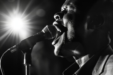 Poster - A black and white image capturing a dynamic moment of a singer passionately using a microphone with a bright backlight