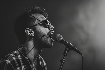 Poster - The photo shows a man in black and white singing into a microphone, with a focus on his mouth and the mic