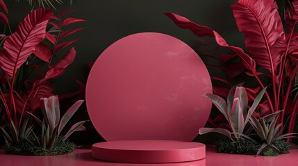 Poster - Rendering of minimal geometric forms in 3D. A pink podium for your design. Stock process.