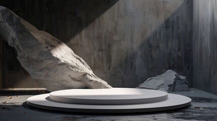 Poster - A mock-up of an artificially stock podium in a dark desert with stones and rocks.