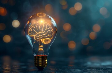 Poster - Brain with a glowing bulb. Concept of AI generation.