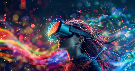 Wall Mural - Virtual reality glasses on a woman. Concept of future technology.