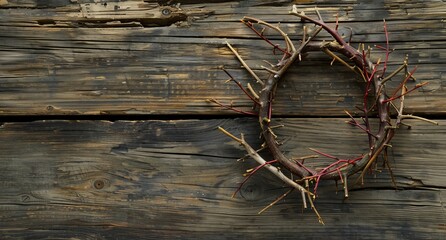 Wall Mural - An Easter concept with a crown of thorns on a wooden table, space for text. Stock.